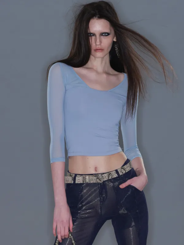 Fitted Mesh Crew Neck Long Sleeve Top/ Gray-blue sold by PROD Bldg