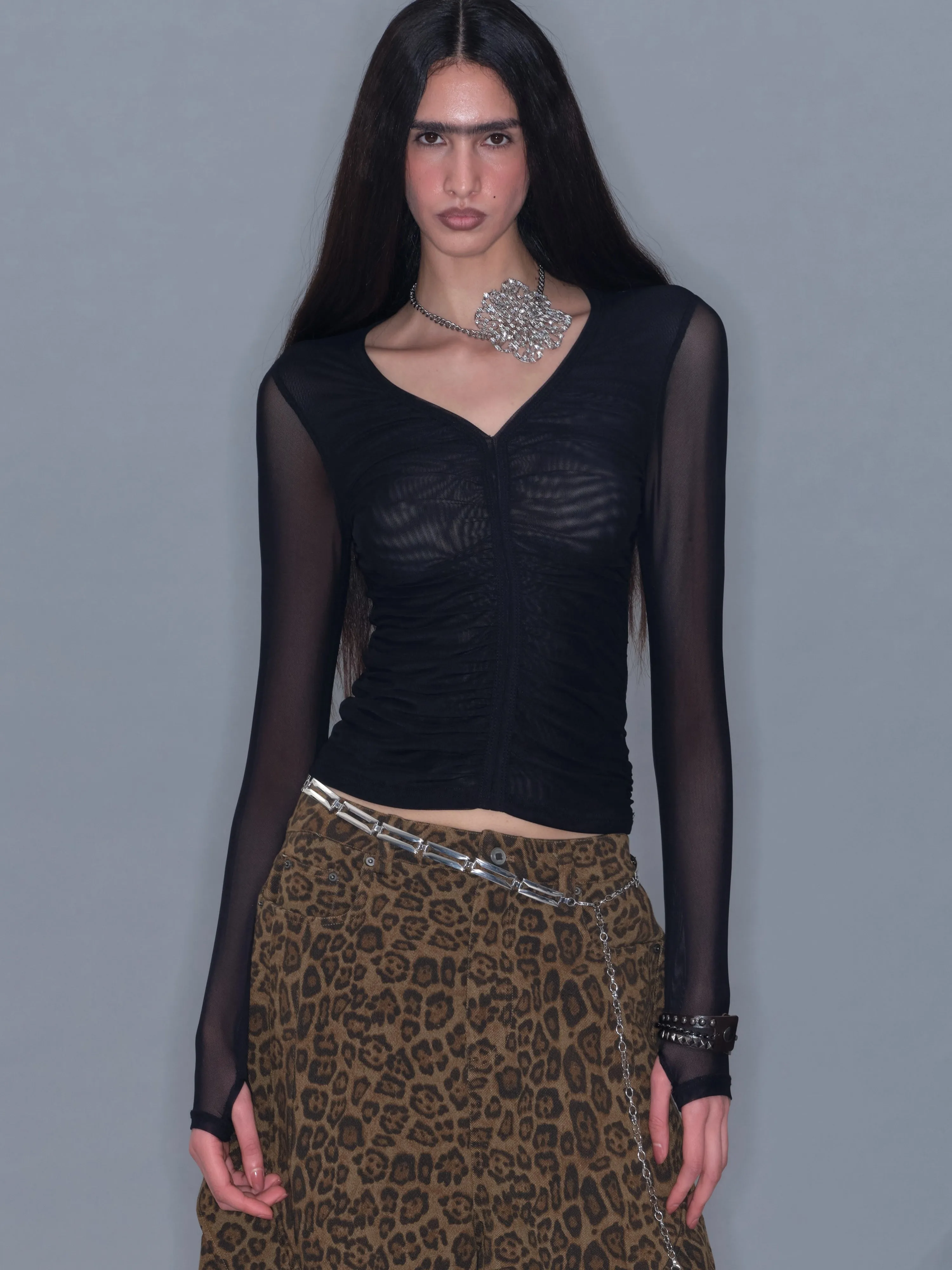 Sheer Ruched Mesh V-Neck Long-sleeve/ Black sold by PROD Bldg product image thumbnail 5