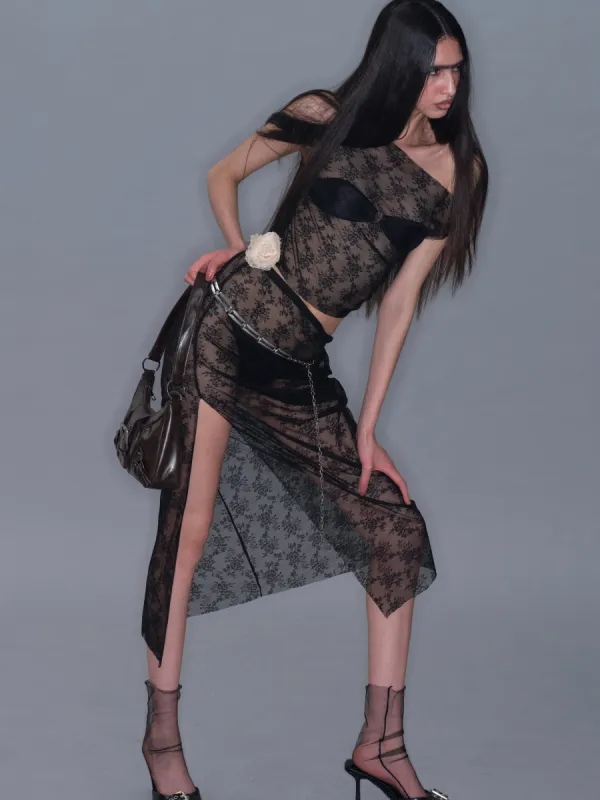 Mesh Side Slit Lace Dress/ Black sold by PROD Bldg