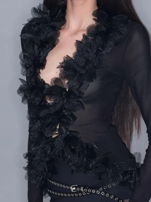 Black Floral Collar Long-Sleeve Cardigan sold by PROD Bldg