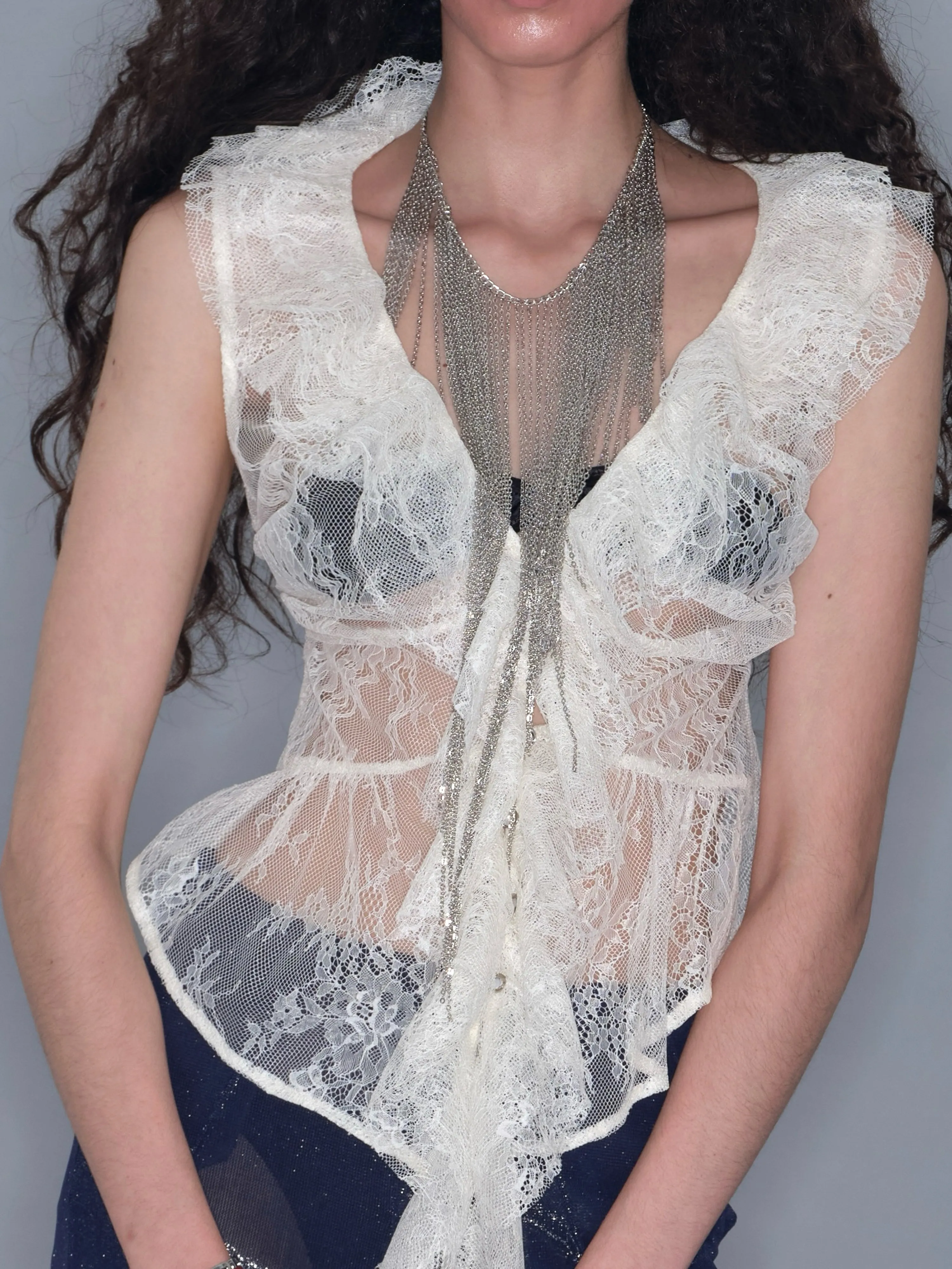 Mesh Ruffle Sleeveless Cardigan Tank Top/ Apricot sold by PROD Bldg