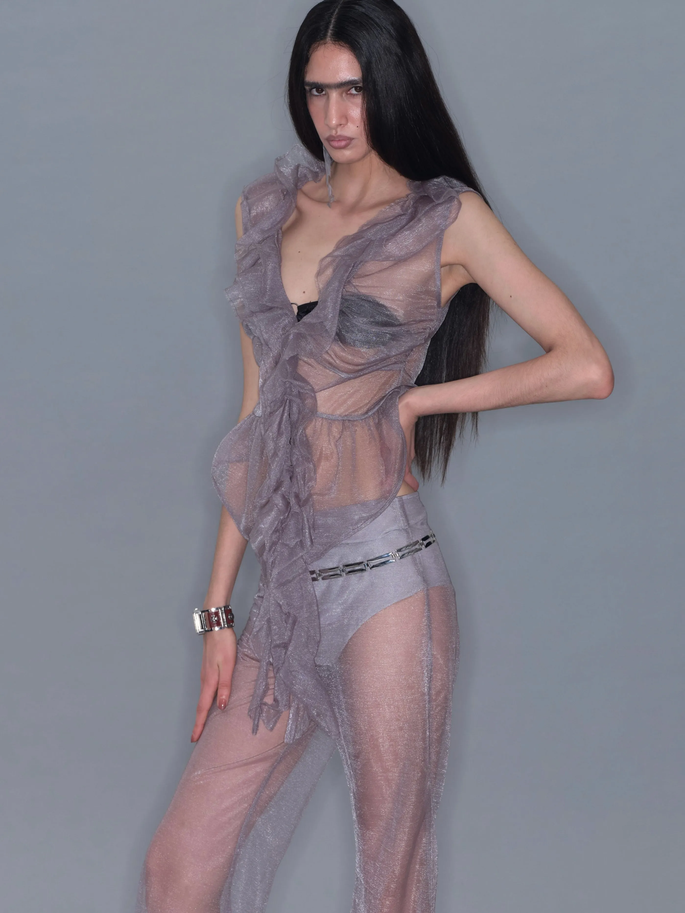 Mesh Ruffle Sleeveless Cardigan Tank Top/ Gray sold by PROD Bldg product image thumbnail 3