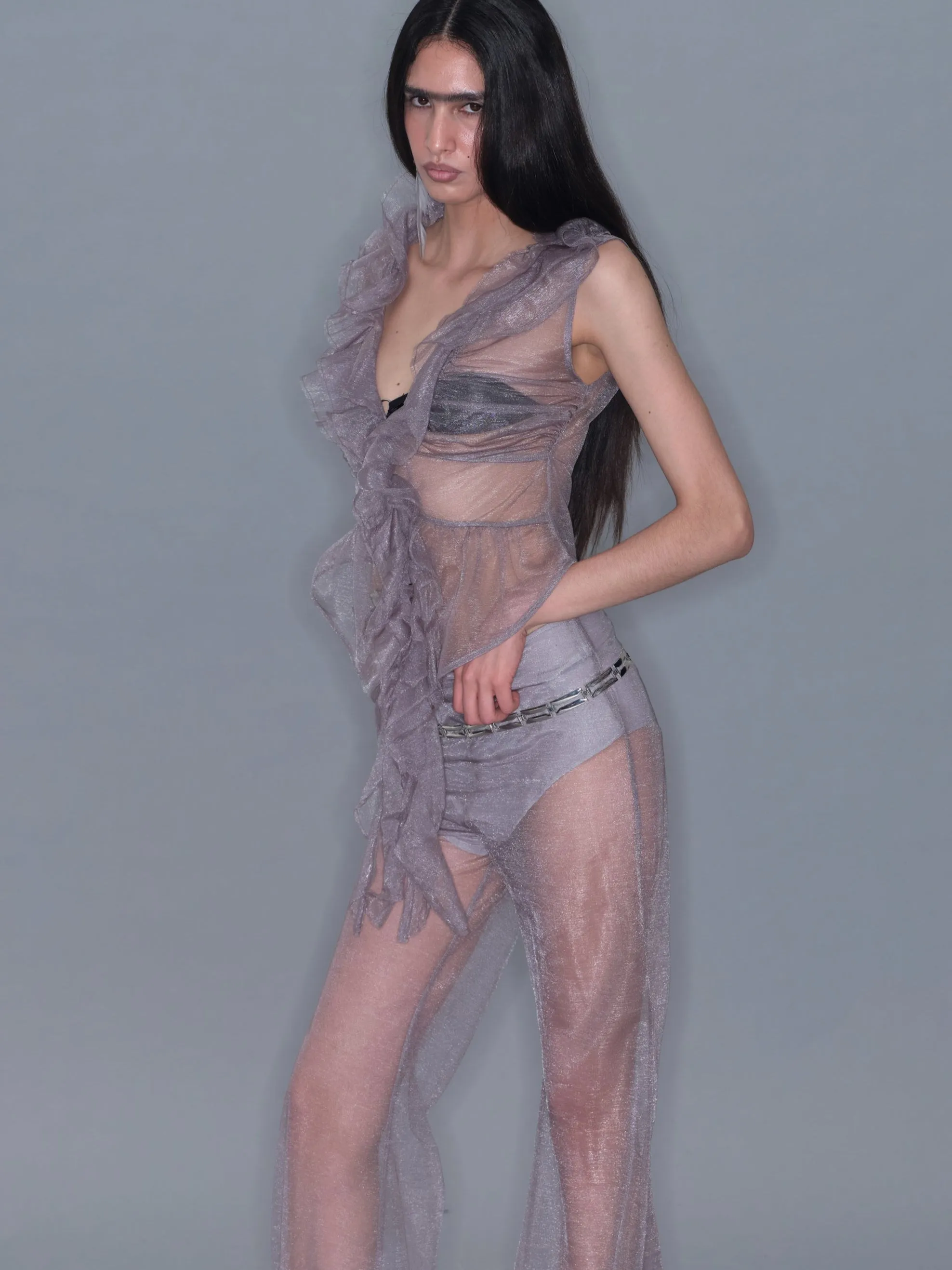 Mesh Ruffle Sleeveless Cardigan Tank Top/ Gray sold by PROD Bldg product image thumbnail 5