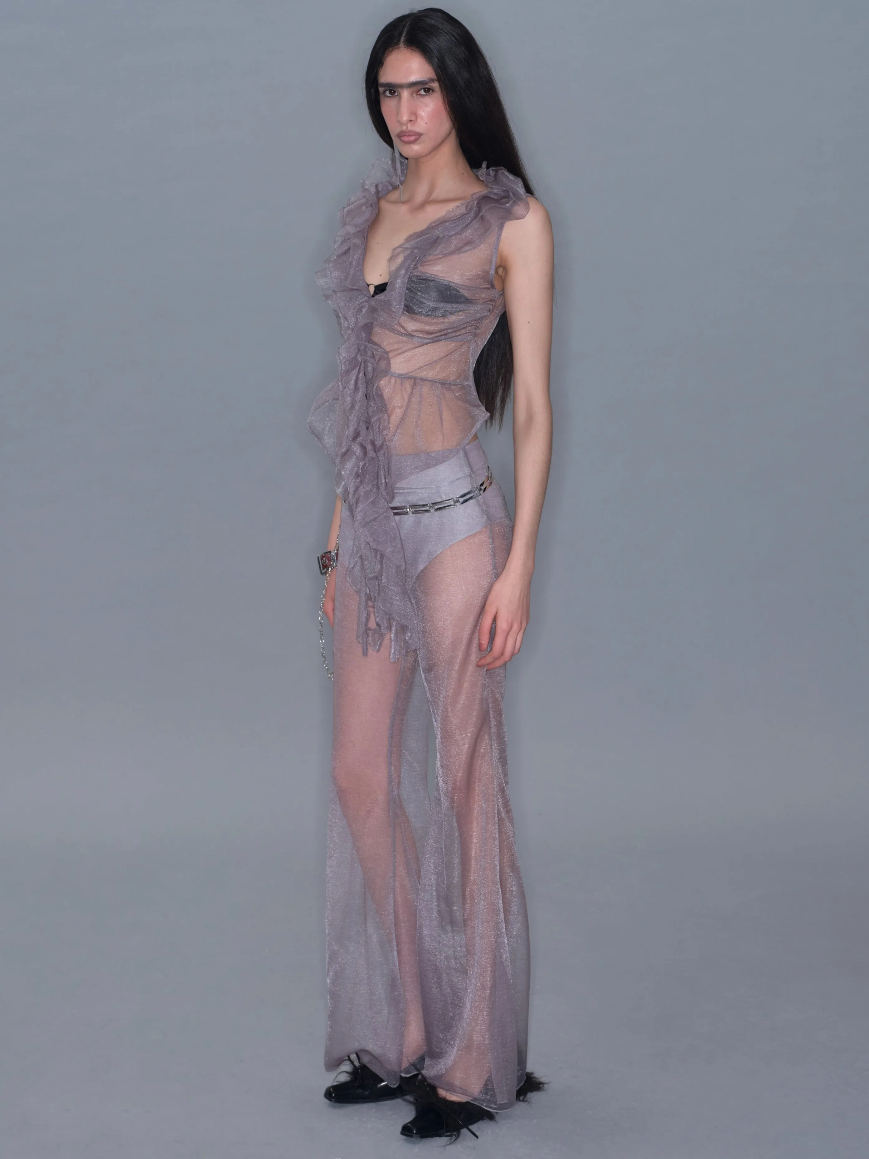 Mesh Ruffle Sleeveless Cardigan Tank Top/ Gray sold by PROD Bldg product image thumbnail 2