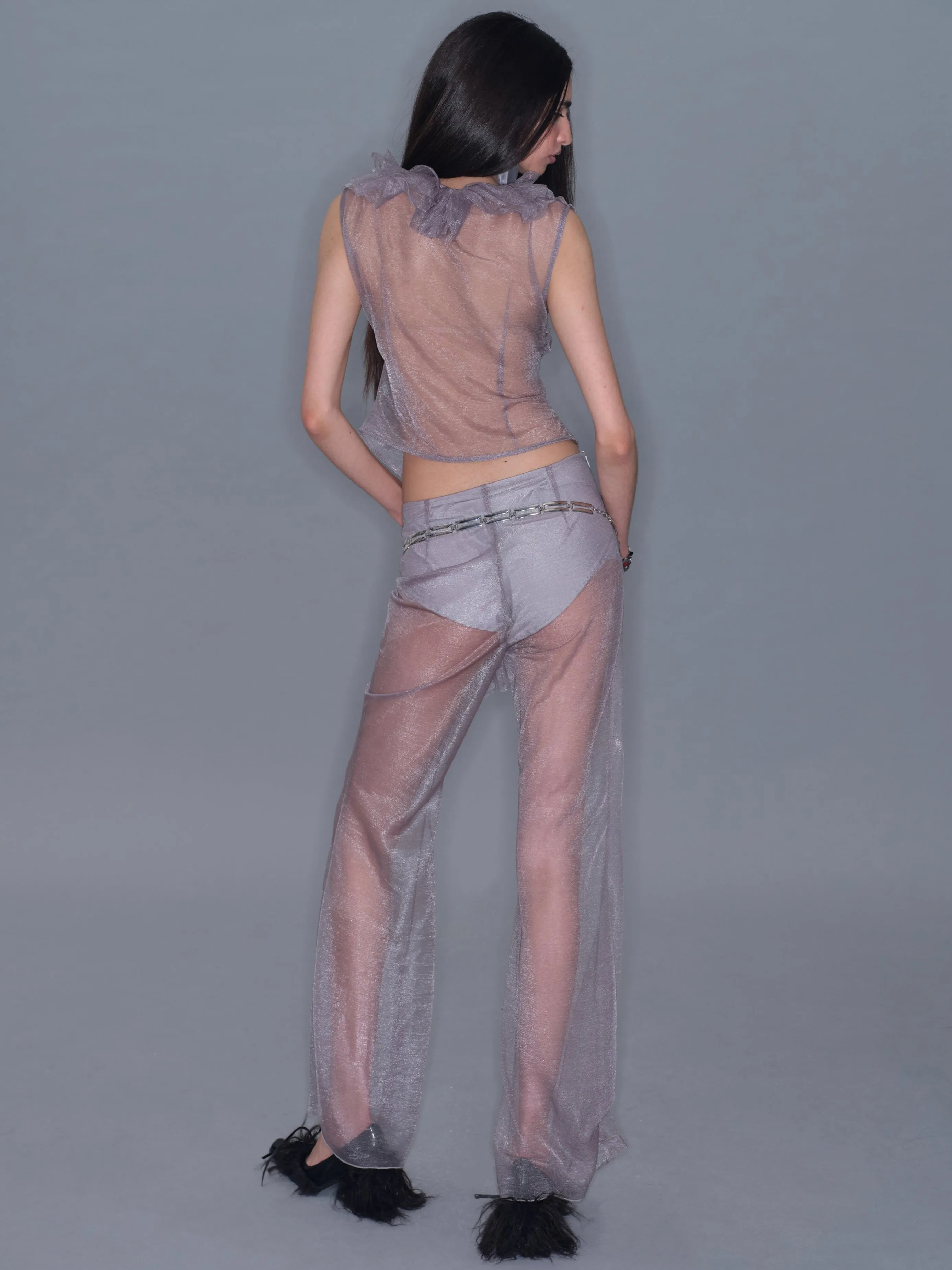 Mesh Ruffle Sleeveless Cardigan Tank Top/ Gray sold by PROD Bldg product image thumbnail 4