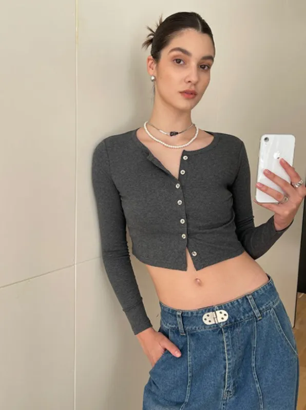 Button Down Crop Top Long Sleeve / Dark Gray made by PROD Bldg