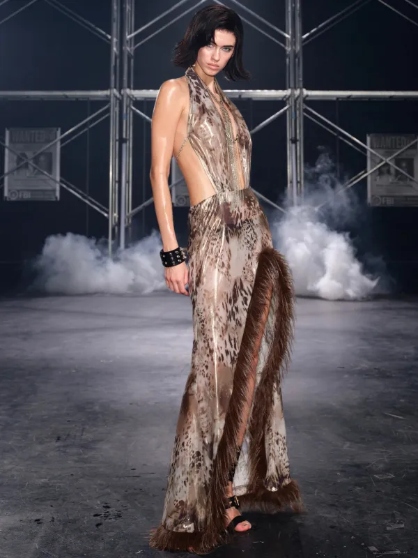 Leo Faux Fur Trim Halter Neck Maxi Dress sold by PROD Bldg