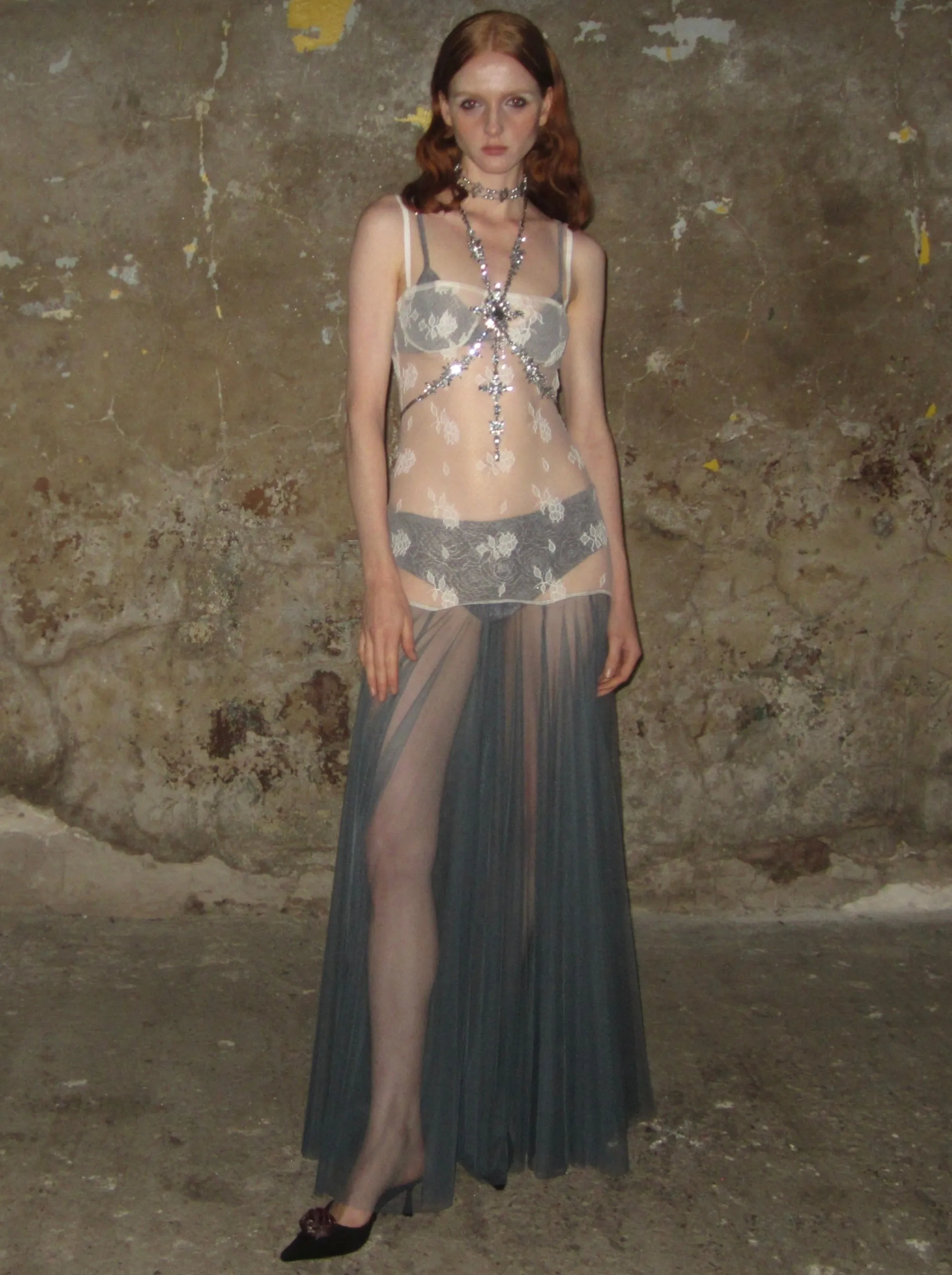 Lace color-block tulle Dress /Apricot-blue sold by PROD Bldg