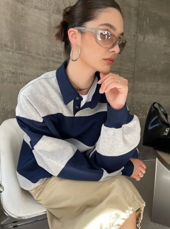Loose Fit Striped Polo Sweatshirt / Gray Blue sold by PROD Bldg