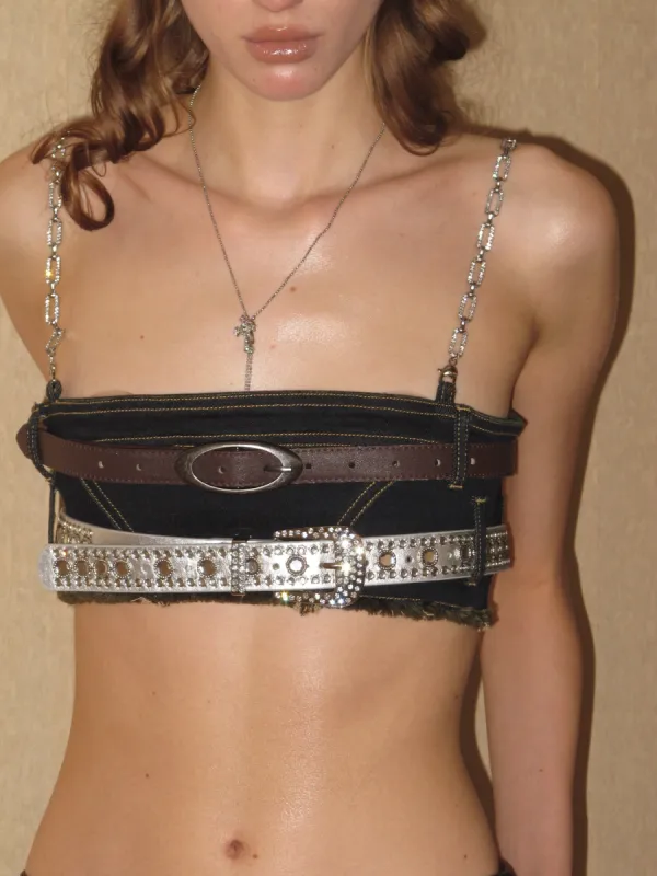 Chained Embellished Denim Bra Top With Belts sold by PROD Bldg