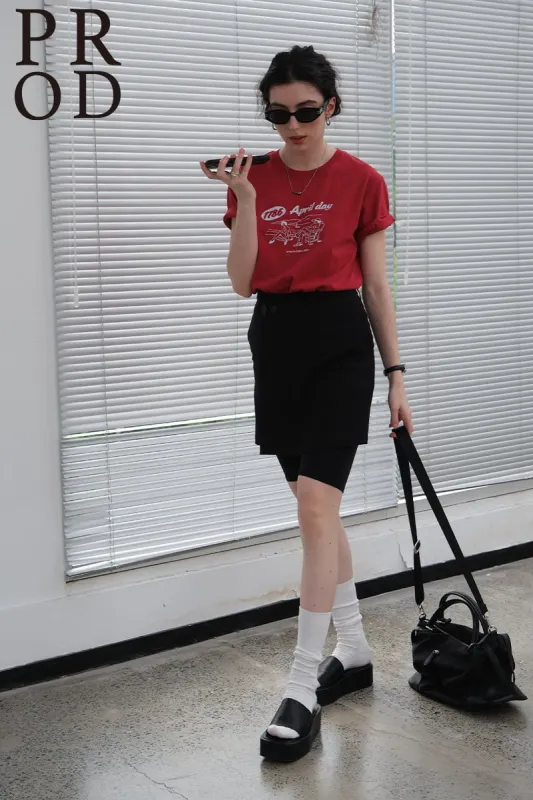 1786 April Day Graphic Basic Short Sleeve T-Shirt / Red sold by PROD Bldg