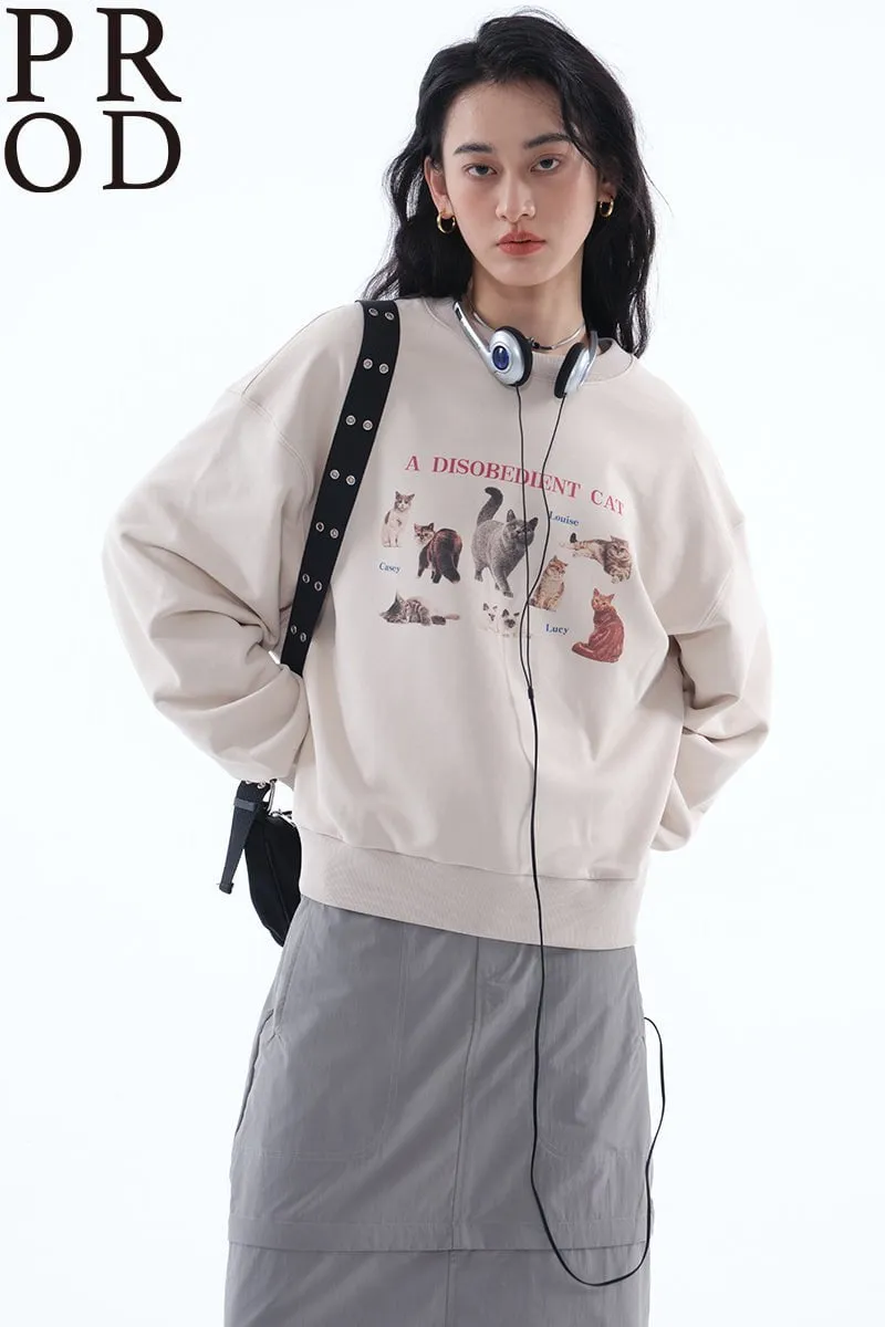 Loose Fit A Disobedient Cat Crewneck Sweatshirt / Beige sold by PROD Bldg