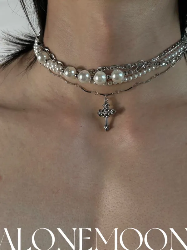 Multilayered Cross Pearl Necklace sold by PROD Bldg
