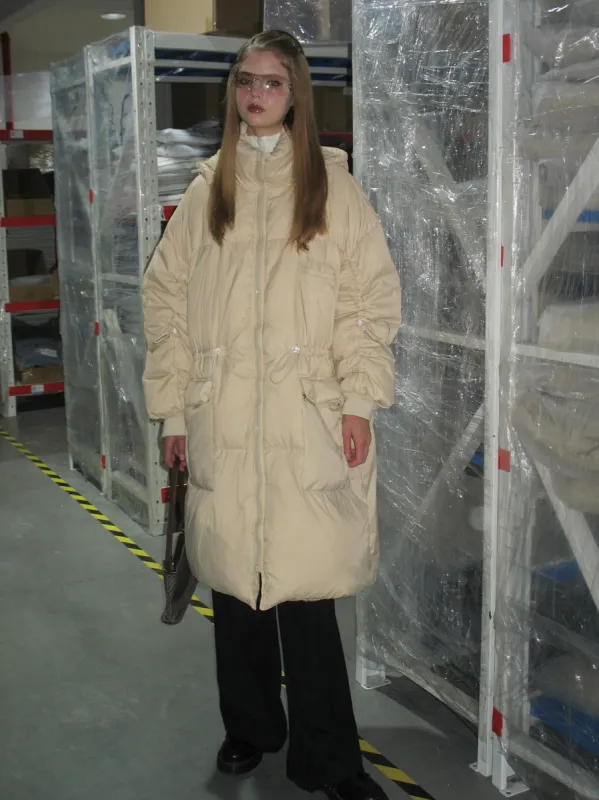 Beige Hooded Long Down Jacket sold by PROD Bldg