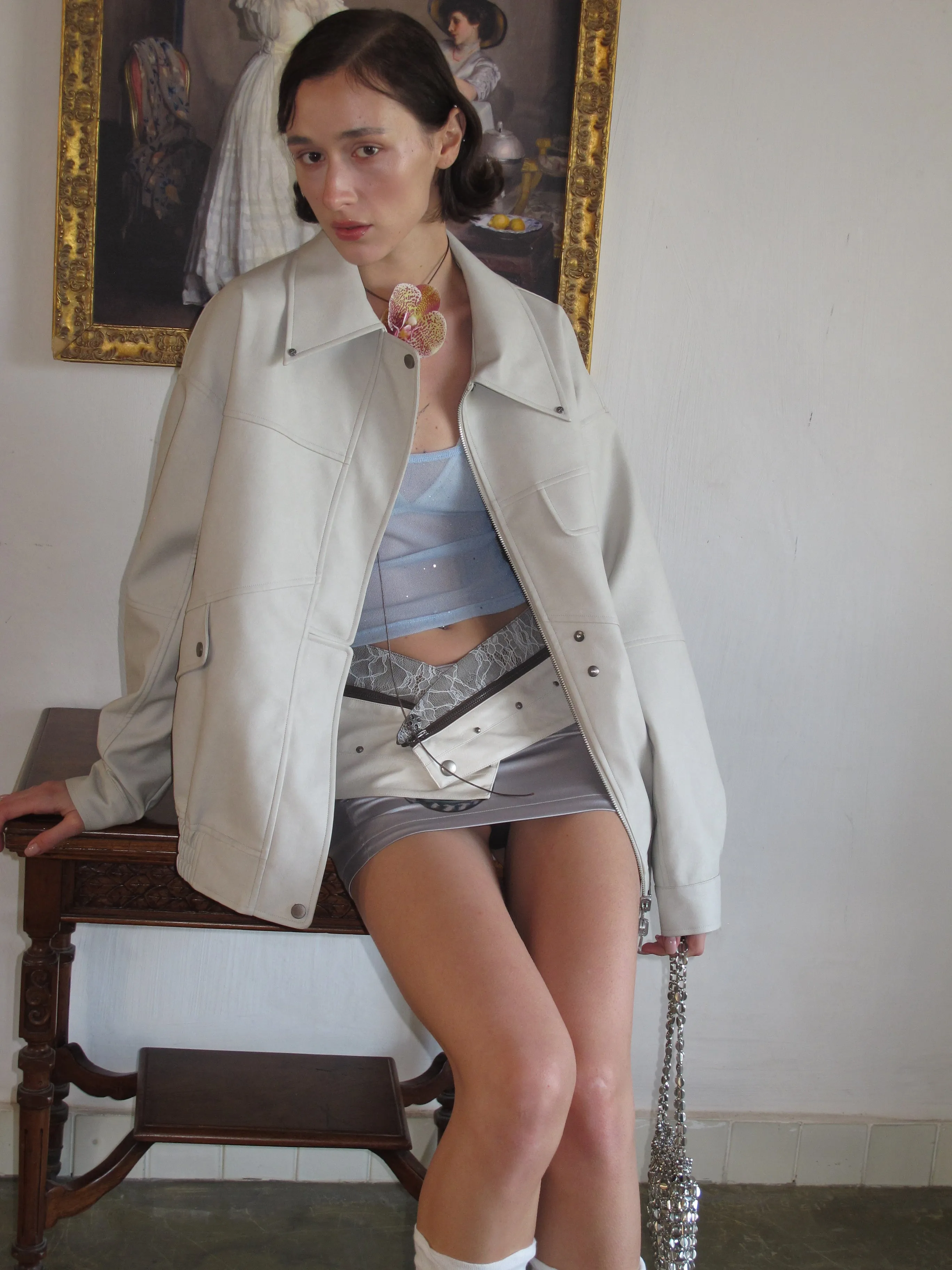 Griege Lapel Pattern Faux Leather Jacket sold by PROD Bldg