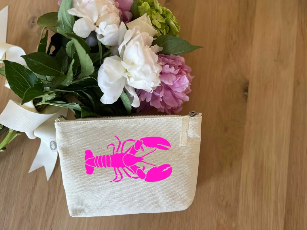 Makeup Bag Natural with Hot Pink Lobster sold by Quilted Koala