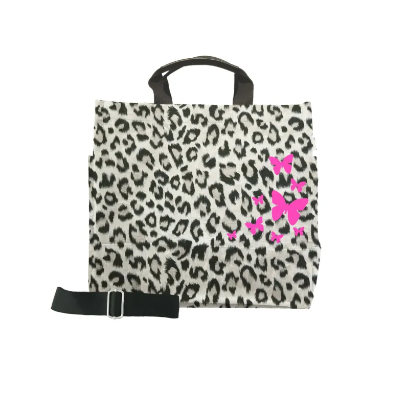 Leopard Luxe North South Bag with Neon Pink Scatter Butterflies sold by Quilted Koala