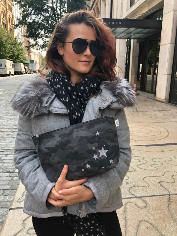 Clutch Bag: Black Camouflage - Silver Glitter Scatter Stars sold by Quilted Koala