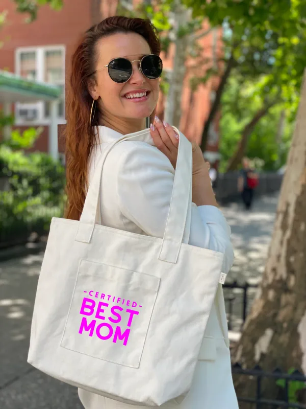 Natural Midi Everything Bag - Neon Pink Certified Best Mom sold by Quilted Koala