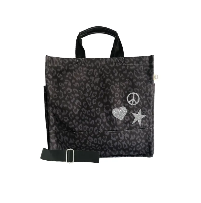 Luxe North South Bag: Black Leopard with Silver Glitter Scattered Peace/Star/Heart sold by Quilted Koala