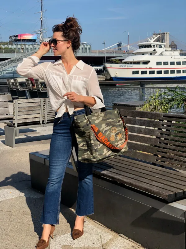 Luxe North South Bag: Green Camo with Gold Glitter Scattered Peace/Star/Heart sold by Quilted Koala