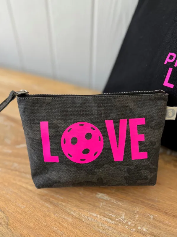 Makeup Bag Black Camo with Neon Pink Pickleball LOVE sold by Quilted Koala
