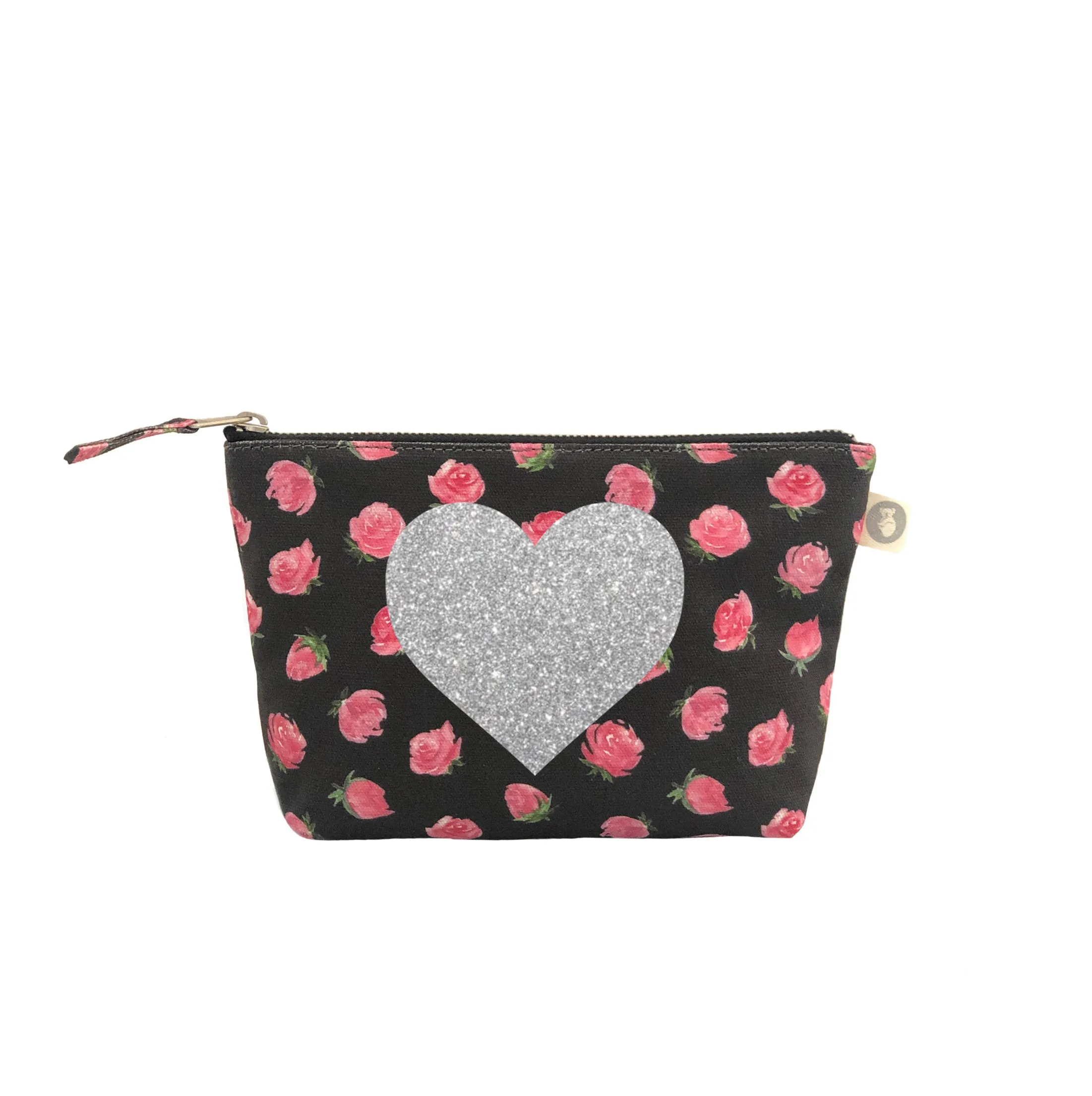 Makeup Bag: Black Floral with Silver Glitter Heart sold by Quilted Koala