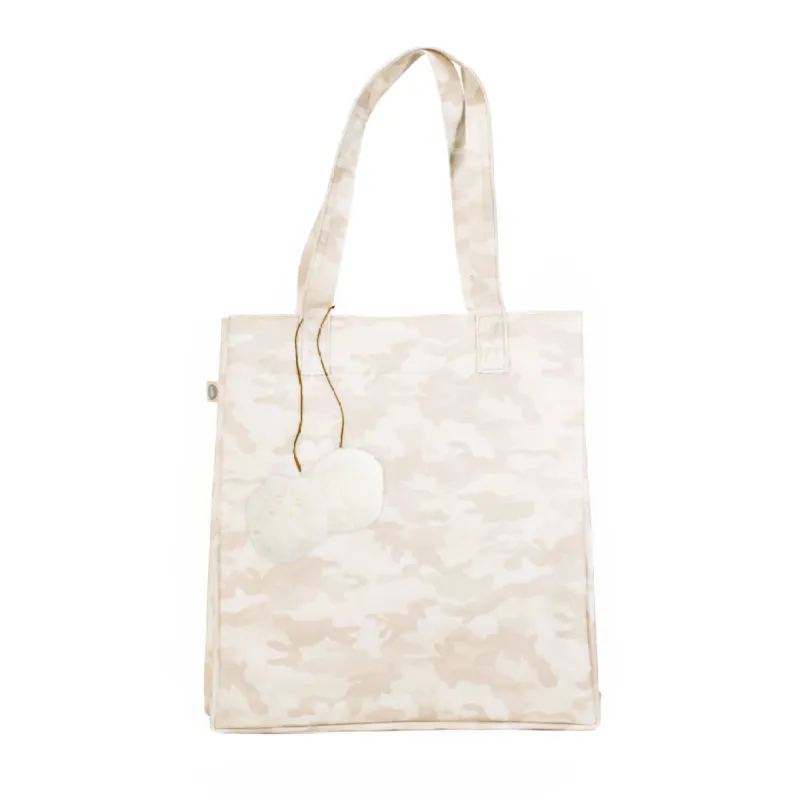 Upright Bag: Blush Camo with Cream Pom Poms made by Quilted Koala