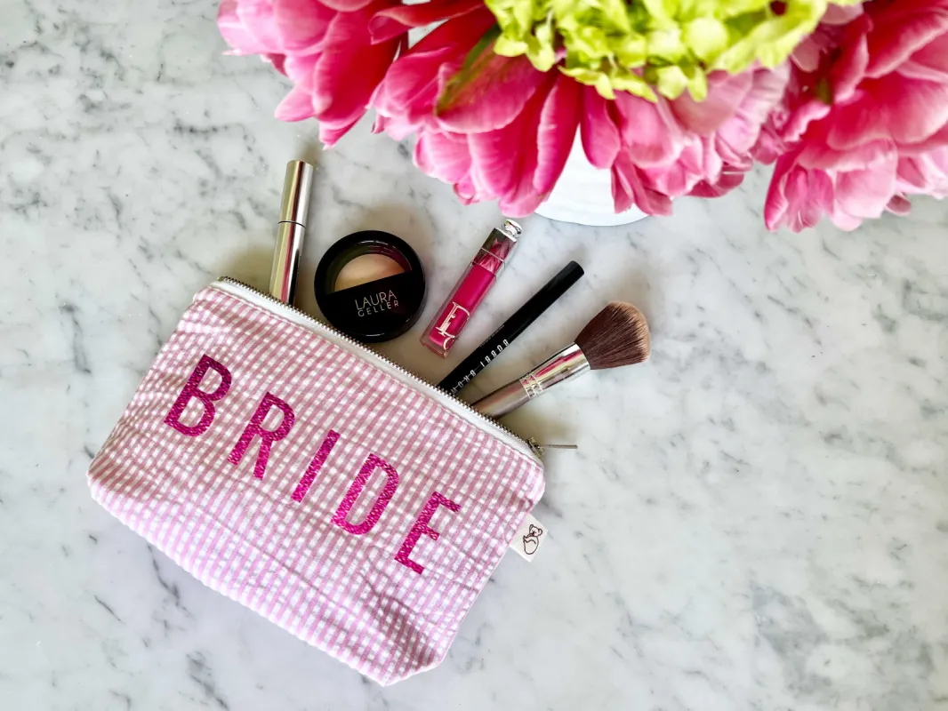 Makeup Bag: Pink Seersucker BRIDE  ALMOST GONE! sold by Quilted Koala