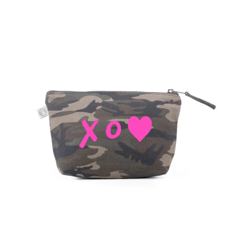 Makeup Bag: Green Camouflage - Pink Matte XO Heart sold by Quilted Koala
