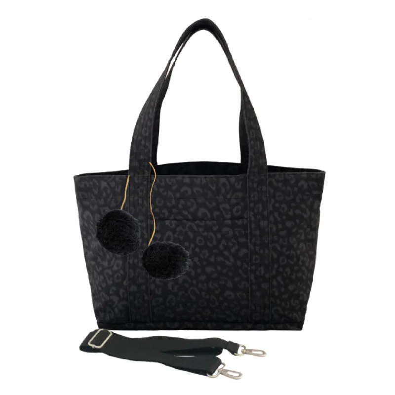 Midi Zipper Tote: Black Leopard Coated Canvas with Black Pom Poms sold by Quilted Koala