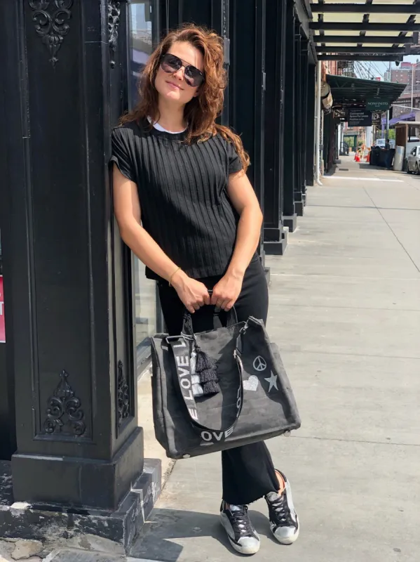 Luxe North South Bag: Black Camo with Silver Glitter Scattered Peace/Star/Heart sold by Quilted Koala