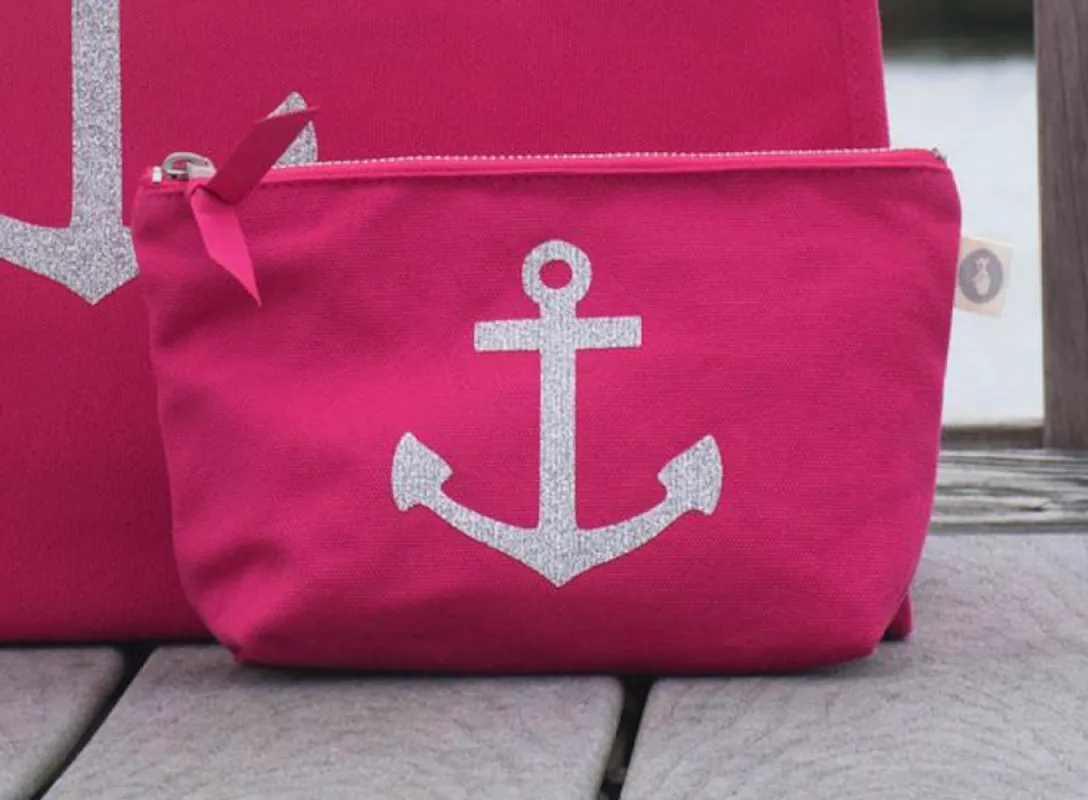 Makeup Bag: Hot Pink with Silver Anchor sold by Quilted Koala