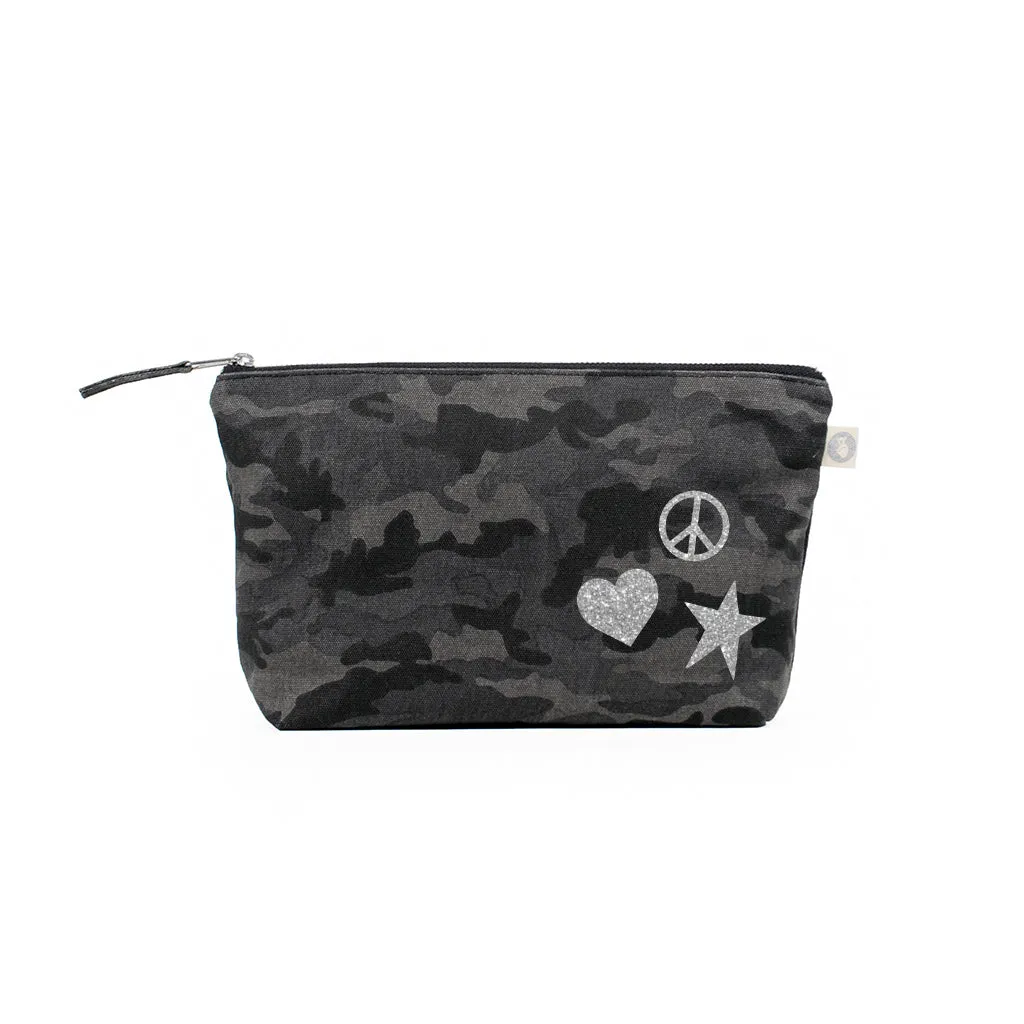 Clutch Bag: Black Camo with Silver Glitter Scattered Peace/Star/Heart sold by Quilted Koala