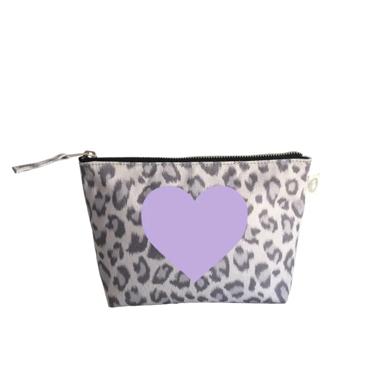 Makeup Bag: Grey Leopard with Lilac Matte Heart sold by Quilted Koala
