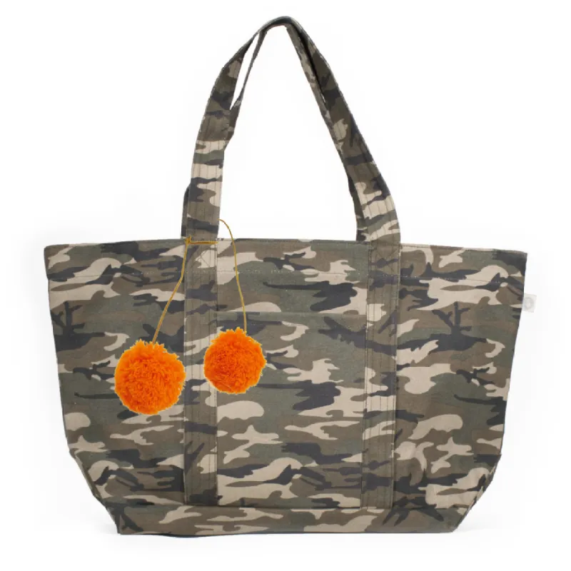 Large Zipper Tote Green Camo with Orange Pom Poms sold by Quilted Koala