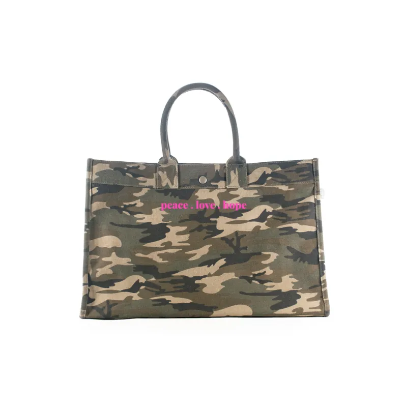 LOVE Collection: East West Bag Green Camo with Neon Pink Matte Peace. Love. Hope sold by Quilted Koala
