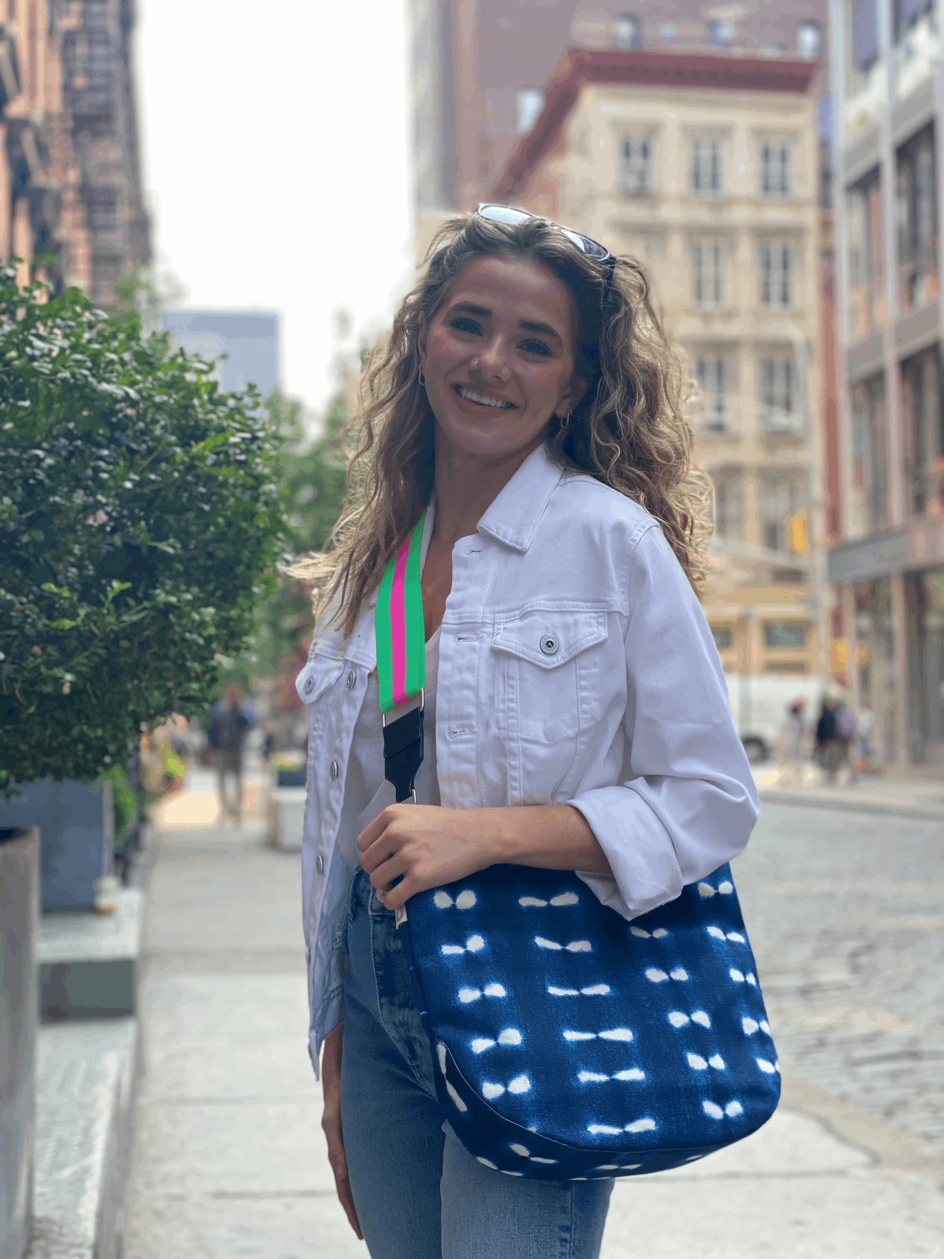 Blue Shibori City Bag with Navy and Pink Strap sold by Quilted Koala