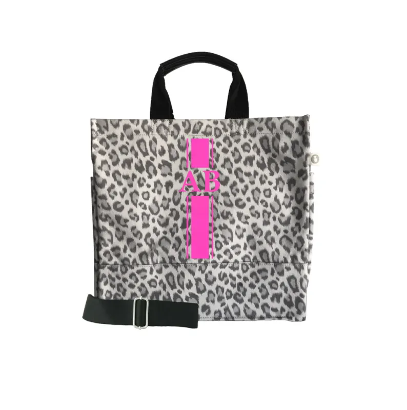 Monogram Stripe: Luxe North South Bag- Grey Leopard sold by Quilted Koala