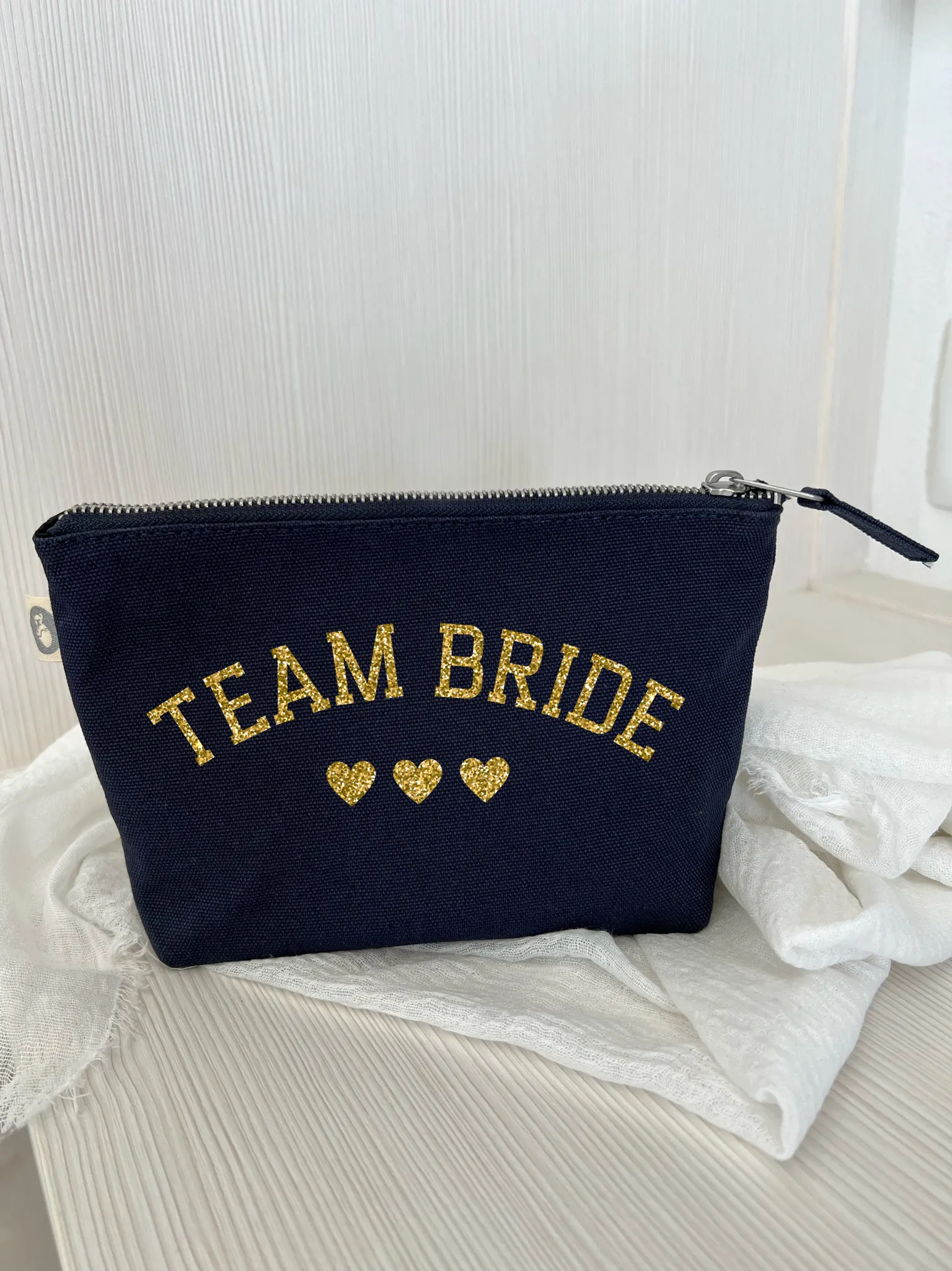 Navy Makeup Bag Gold Glitter Team Bride sold by Quilted Koala