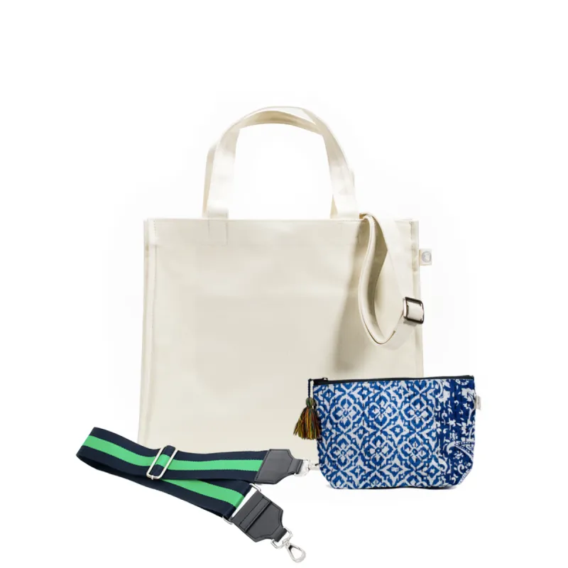 Natural Magazine Bag with Navy/Green Strap & Boho Makeup Bag Just $60 with code AUGUST sold by Quilted Koala