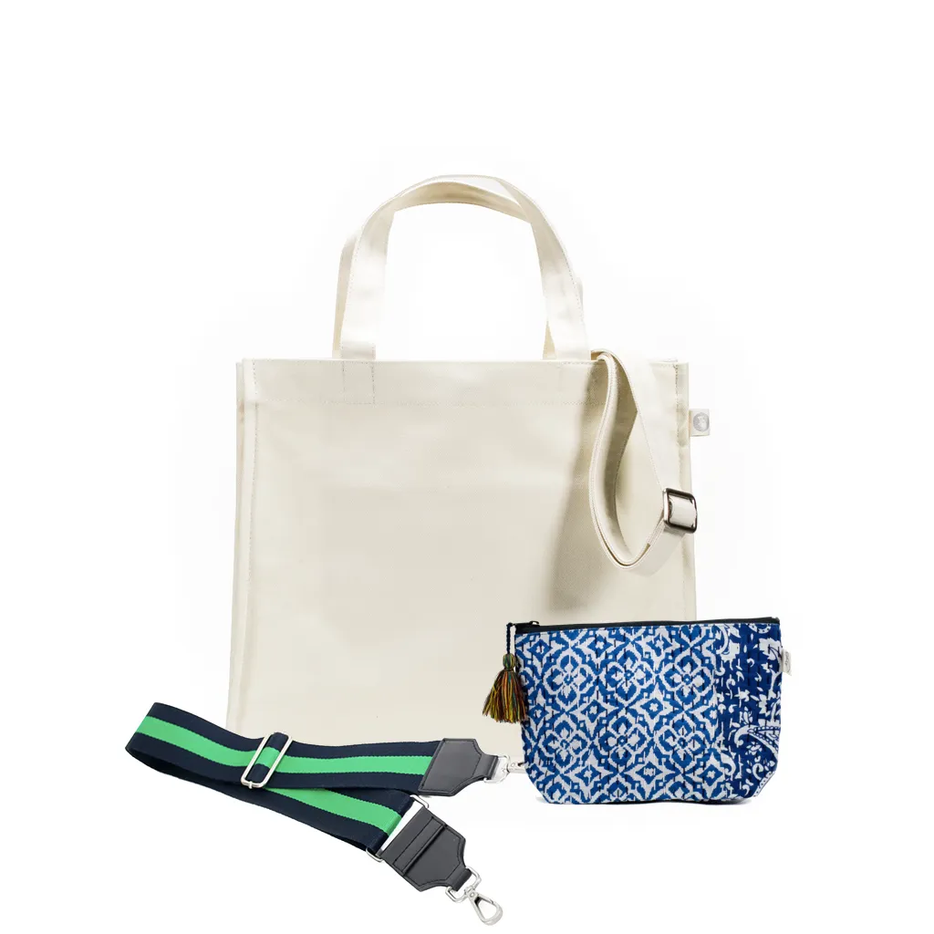 Natural Magazine Bag with Navy/Green Strap & Boho Makeup Bag Just $60 with code AUGUST sold by Quilted Koala