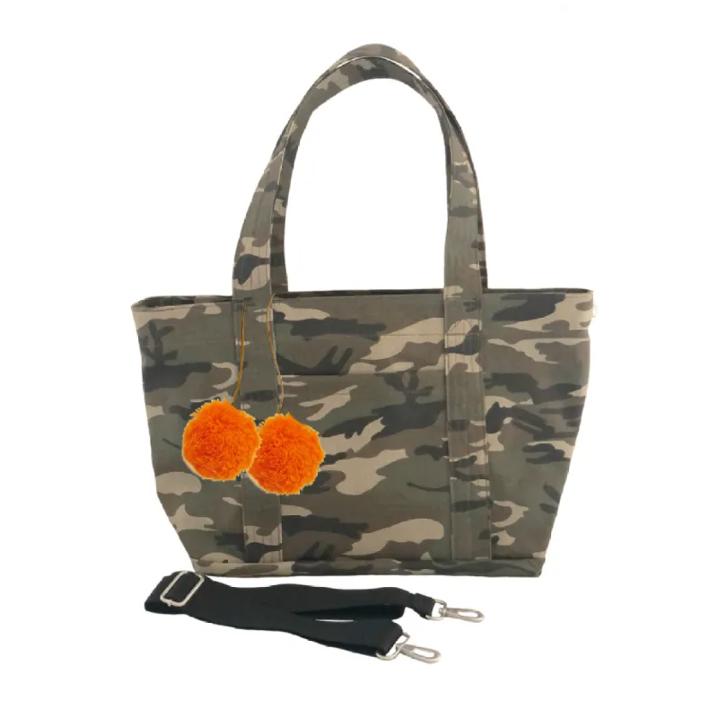 Midi Zipper Tote: Green Camo with Orange Pom Poms sold by Quilted Koala