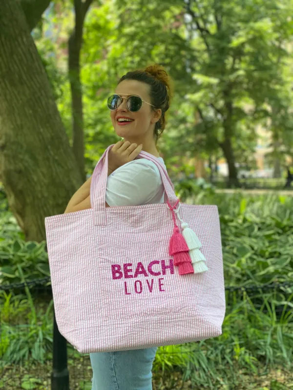 Everything Bag: Pink Seersucker - BEACH LOVE sold by Quilted Koala