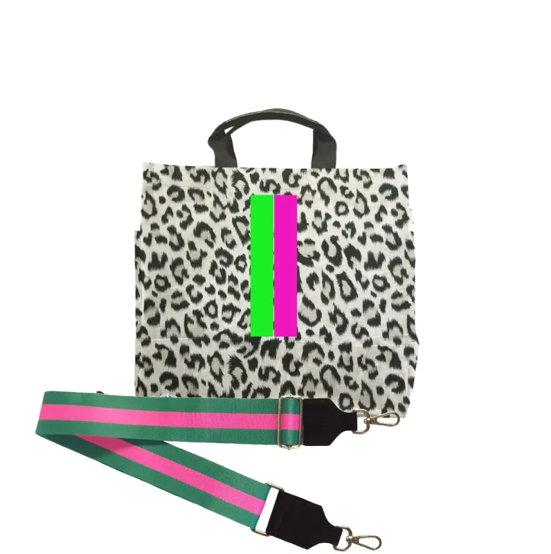 Leopard Luxe North South Bag with Pink/Green Stripe + Pink/Green Stripe Strap sold by Quilted Koala