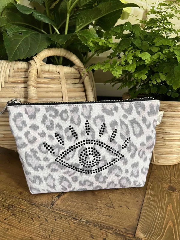 Makeup Bag: Grey Leopard with Black Crystal Evil Eye sold by Quilted Koala