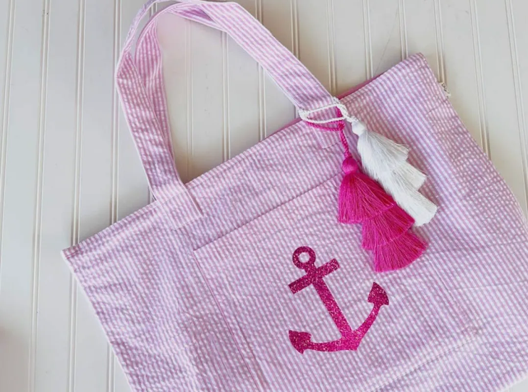 Everything Bag: Pink Seersucker - Anchor sold by Quilted Koala