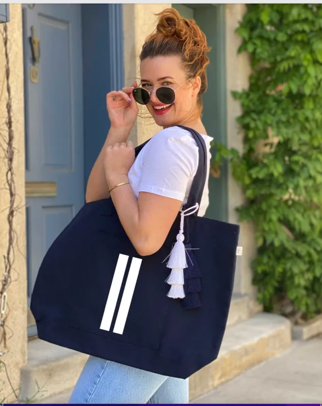 Special Bundle: Navy Everything Bag with White Matte Double Stripe + FREE White Tassel sold by Quilted Koala