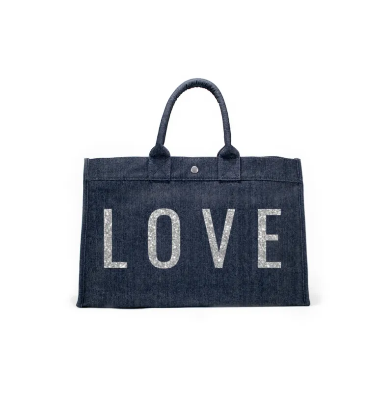 Love Collection: East-West Bag Denim Silver LOVE sold by Quilted Koala
