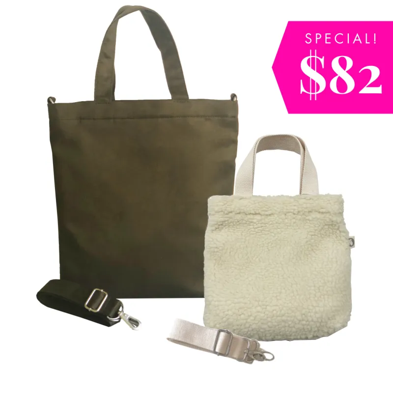 Holiday Special! Olive Vegan Suede Town Bag + Ivory Sherpa Midi Town Bag (DISCOUNT APPLIED IN CART) sold by Quilted Koala
